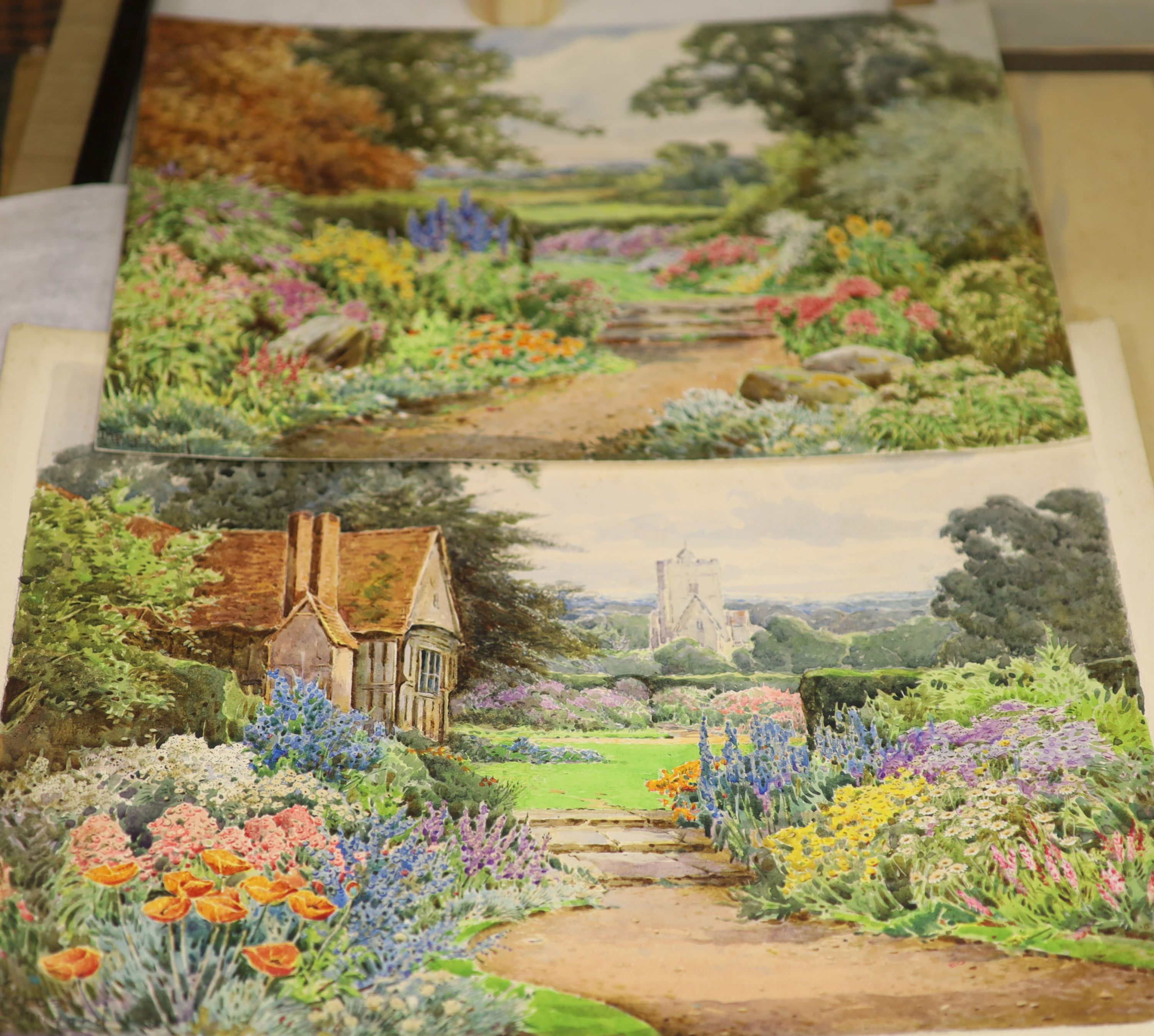 Theresa Sylvester Stannard (1898-1947), watercolour on board, 'In an Old World Garden' and another 26.5 x 36cm (largest)